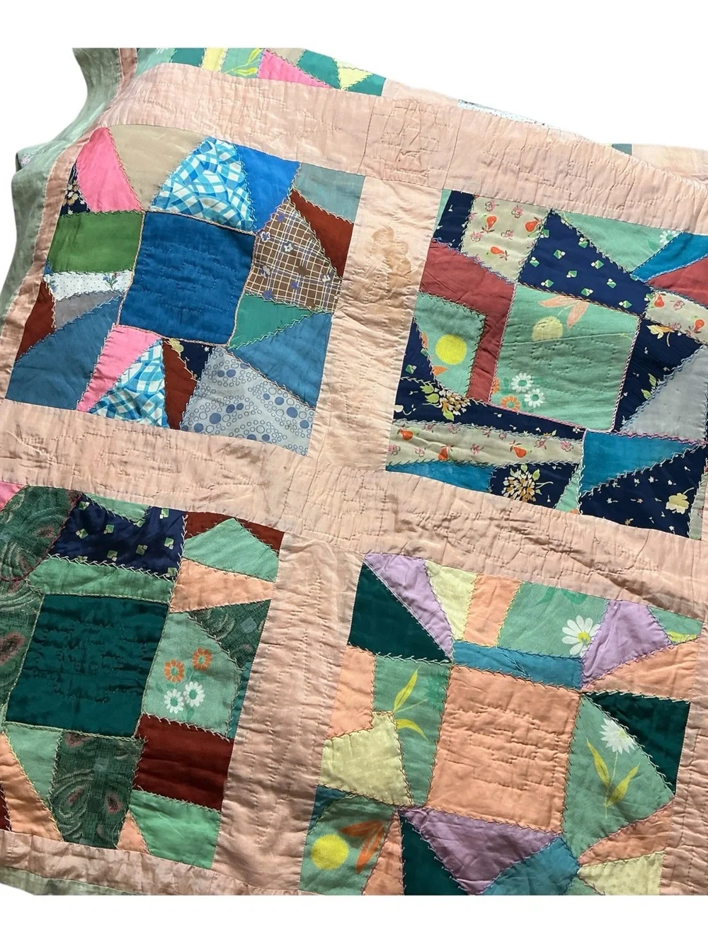 Vintage hand stitched 1930s patchwork crazy quilt 72 x 85 USA made